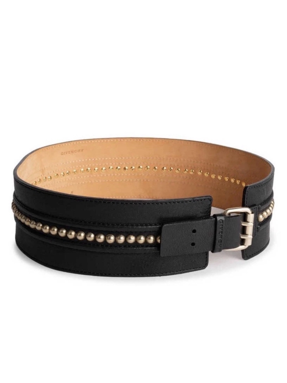 Givenchy Black Leather Waist Belt with Gold Stud Trim